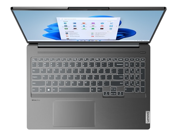 Ansicht der Tastatur in Standardgröße mit Ziffernblock des Lenovo IdeaPad 5 Pro Gen 7 Notebooks in Storm Grey von oben.