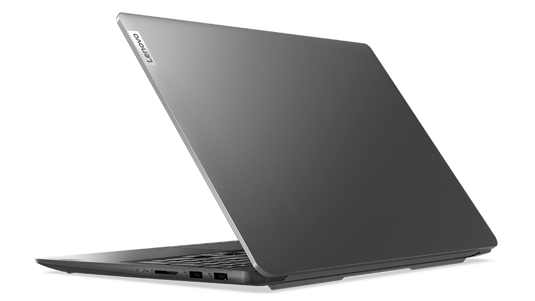 Rear view of 16 inch Lenovo IdeaPad 5 Pro Gen 7 laptop open 70 degrees, angled to show right-side ports. 