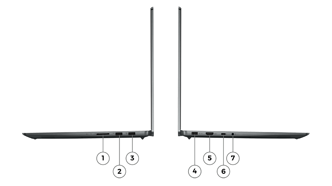 Vistas de los perfiles derecho e izquierdo del portátil Lenovo IdeaPad 5i Pro de 7.ª generación con tarjeta gráfica NVIDIA® independiente, con los puertos y ranuras visibles.