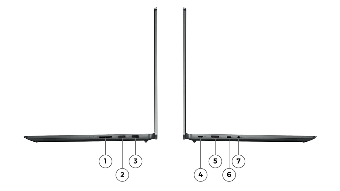 Entegre Grafikli Lenovo IdeaPad 5i Pro Gen 7’nin sağ ve sol profil görünümü bağlantı noktalarını ve yuvaları göstermektedir.