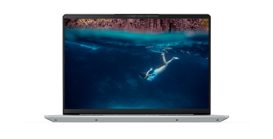 IdeaPad 5 Pro Gen 6 (14” AMD) Cloud Grey front view, with woman swimming underwater on the display