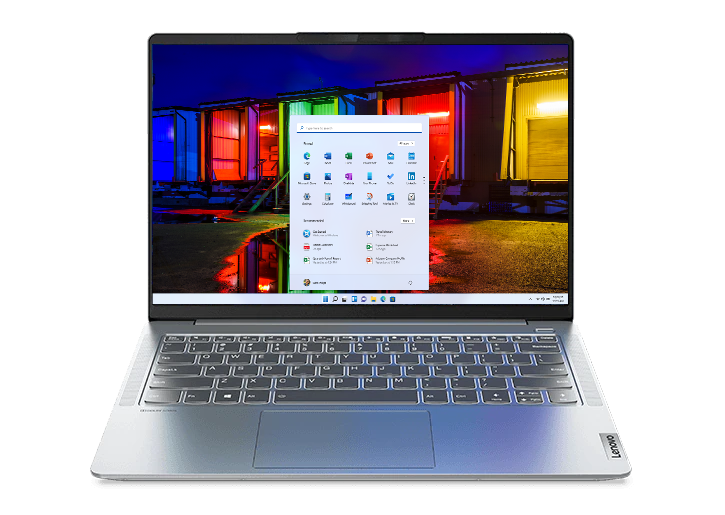IdeaPad 5 Pro Gen 6 (14” AMD) Cloud Grey front rear view, with mountains and clouds on display