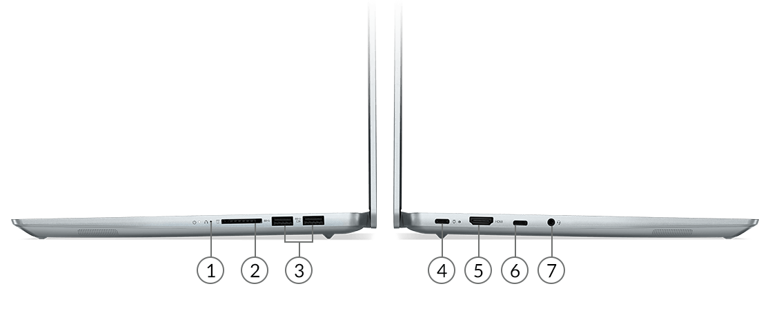 Vistas laterales del IdeaPad 5 Pro de 6.ª generación (14” AMD) en Cloud Grey con la tapa abierta y puertos a la vista