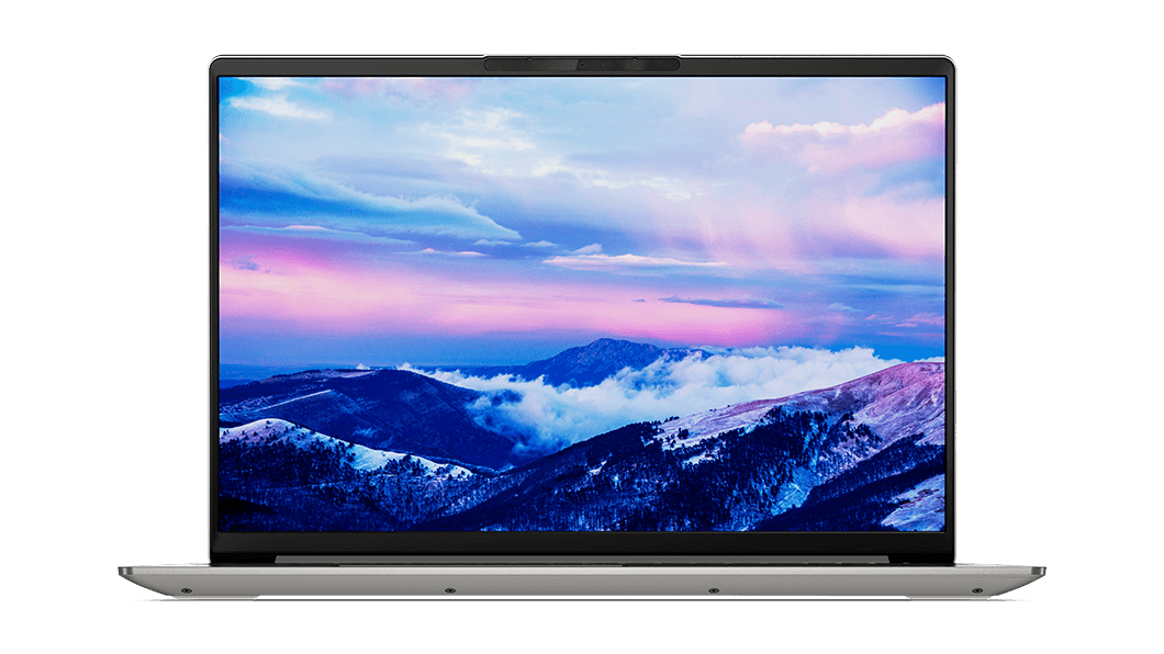 Skygrå IdeaPad 5 Pro 6 (16-tommers AMD) sett forfra, og åpen med bilde av fjell og skyer på skjermen
