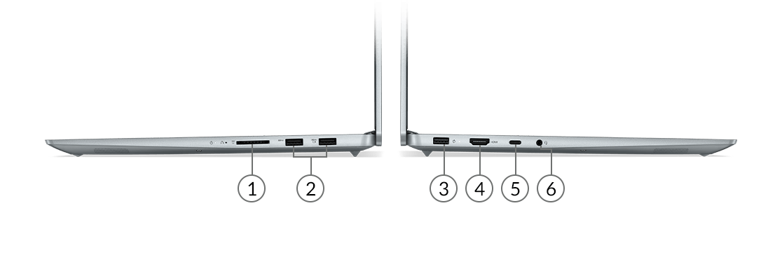 Puertos y ranuras de la laptop Lenovo IdeaPad 5 Pro 6ta Gen 16” AMD de los perfiles derecho e izquierdo
