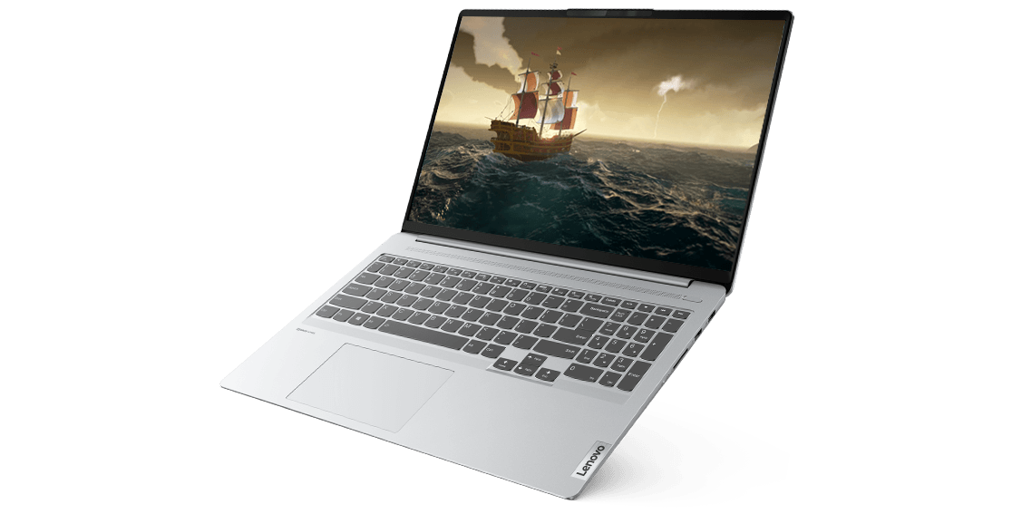 IdeaPad 5 Pro Gen 6 (16” AMD) Cloud Grey ¾ left front view, tilted, with lid open and game image on display showing ship on rough waters