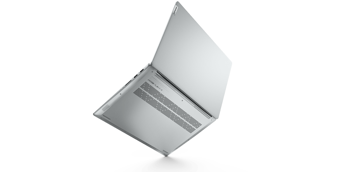 IdeaPad 5 Pro Gen 6 (16” AMD) Cloud Grey bottom view, tilted, with lid open wide