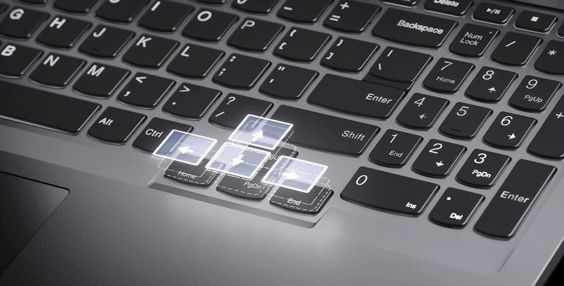 Closeup of IdeaPad 5 Pro Gen 6 (16” AMD) laptop keyboard, with graphic overlays of larger arrow keys