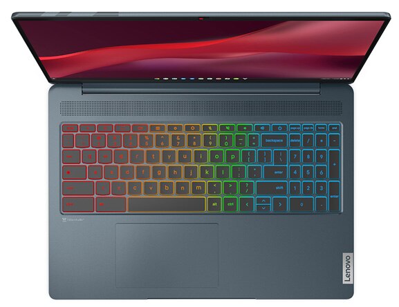 IdeaPad 5i Gaming Chromebook Gen 7 (16'' Intel) opened, top view of keyboard with RGB lighting turned on