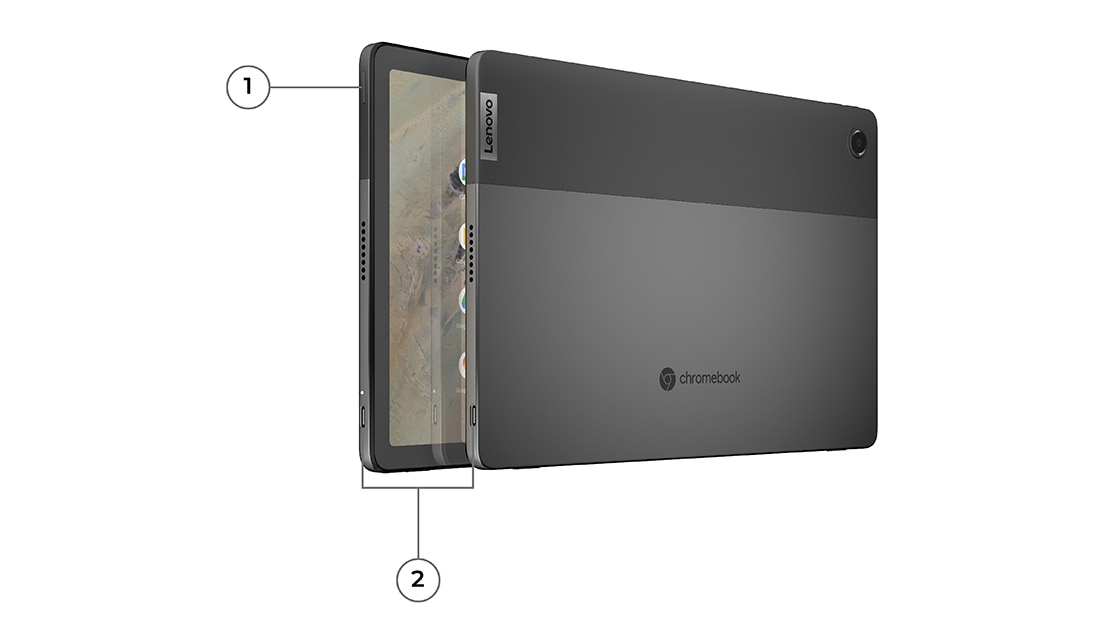 Dos Lenovo Duet Chromebook Education Edition 2-en-1 en modo tablet, uno frente al otro, mostrando el botón de encendido y 2 puertos USB-C 3.0 de 1.ª generación
