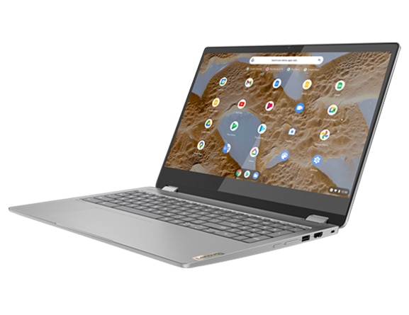 Front view of IdeaPad Flex 3i Chromebook in Arctic Grey facing left