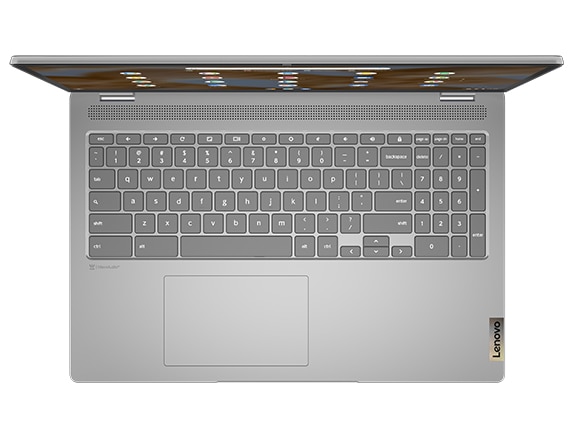 IdeaPad Flex 3i Chromebook in Arctic Grey with a top view of the keyboard