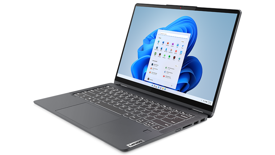 Lenovo IdeaPad Flex 5 Gen 7 (14'' AMD) 2-in-1-Notebook – Dreiviertelansicht von rechts, Laptop-Modus, Deckel geöffnet