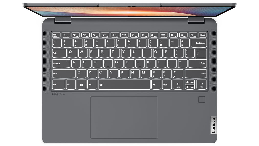 Lenovo IdeaPad Flex 5 Gen 7 (14'' AMD) 2-in-1 laptop, bovenaanzicht van toetsenbord, laptopstand, klep open