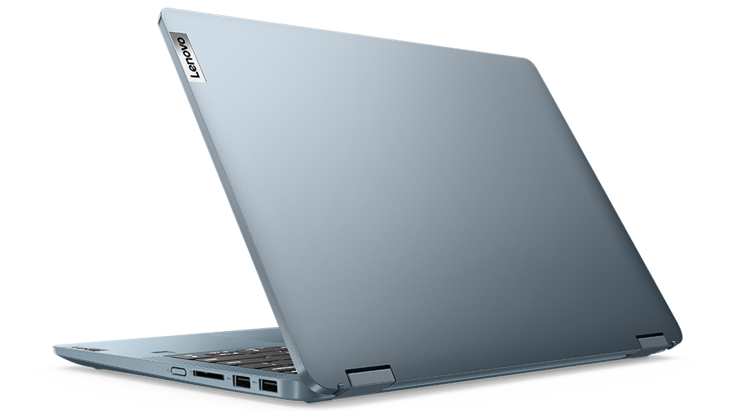Portátil 2-em-1 Lenovo IdeaPad Flex 5 (7.ª geração) de 14'' (35,56 cm, AMD): vista traseira a ¾, modo portátil, tampa parcialmente aberta