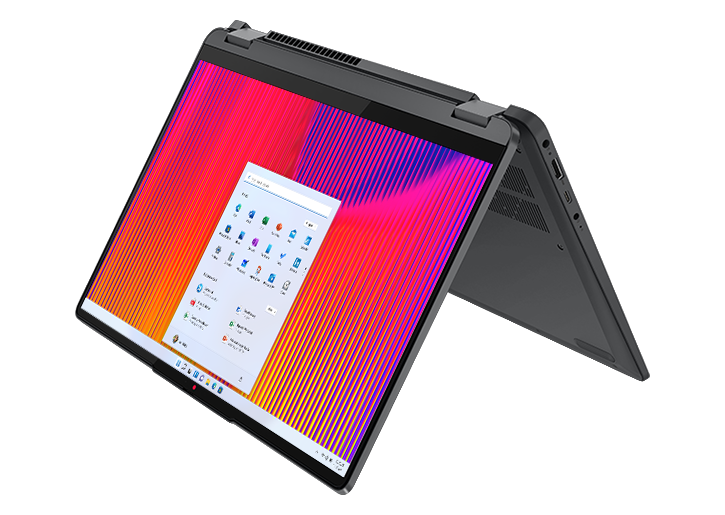 Lenovo IdeaPad Flex 5 Gen 7 (14” AMD) 2-in-1 laptop—¾ view, tent mode