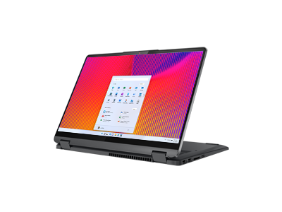 Lenovo IdeaPad Flex 5 Gen 7 (14” AMD) 2-in-1 laptop—¾ view, stand mode