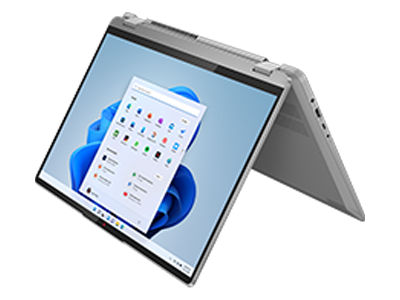 IdeaPad Flex 5 Gen 8 laptop in tent mode, facing left