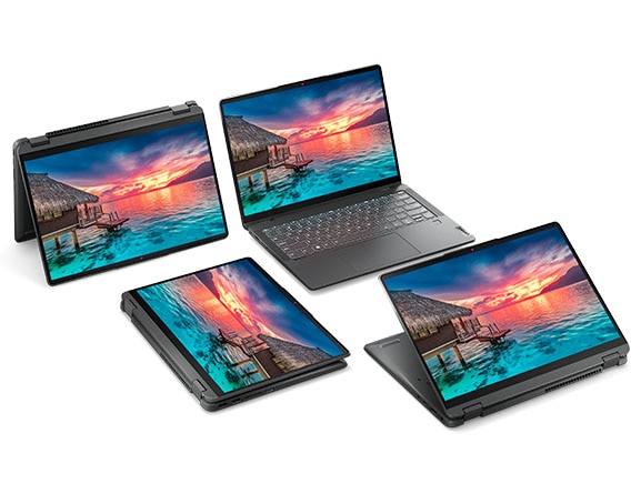 Four 14” IdeaPad Flex 5i 2-in1s arranged together, each in a different mode: stand, laptop, tablet, and presentation. Each depicts an ocean sunset beyond a dwelling suspended above the water on stilts