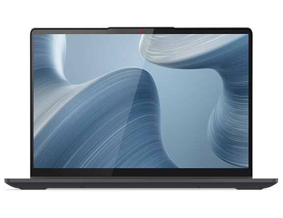 Front view of the 14” IdeaPad Flex 5i in laptop mode, with a swirling gray design on the display divided in two to illustrate different screen resolutions