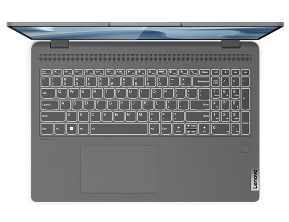 Angled view of the 16” IdeaPad Flex 5i in laptop mode, showing the keyboard, touchpad, and most of the display, which depicts a grey abstract swirling pattern