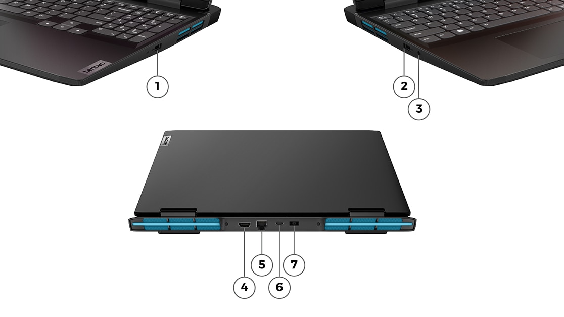 Вид ноутбука IdeaPad Gaming 3 (16, 7th Gen, AMD) с левой и правой сторон с указанием портов и разъемов; вид ноутбука IdeaPad Gaming 3 (16, 7th Gen, AMD) сзади с указанием портов и разъемов