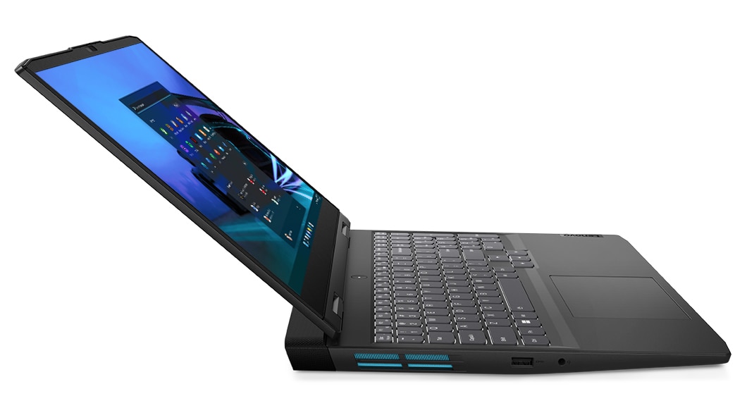 IdeaPad Gaming 3i Gen 7 facing right, laying flat, opened with Windows 11 on screen