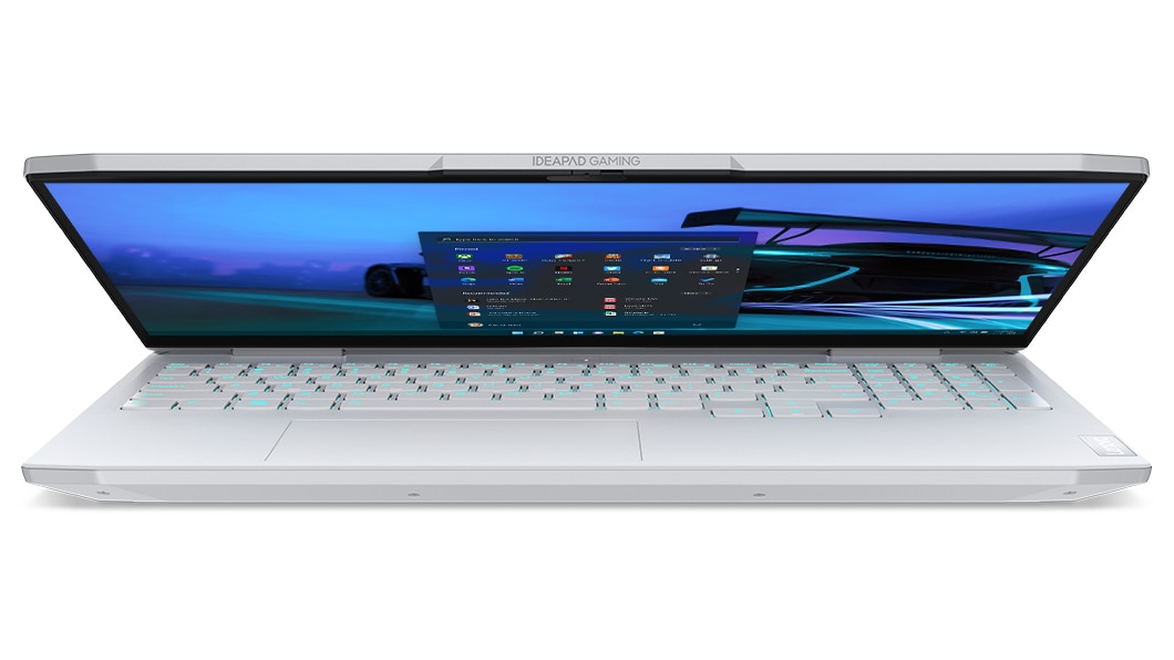 Vista frontale di IdeaPad Gaming 3i di settima generazione, parzialmente chiuso con Windows 11 sullo schermo, nel colore Glacier White