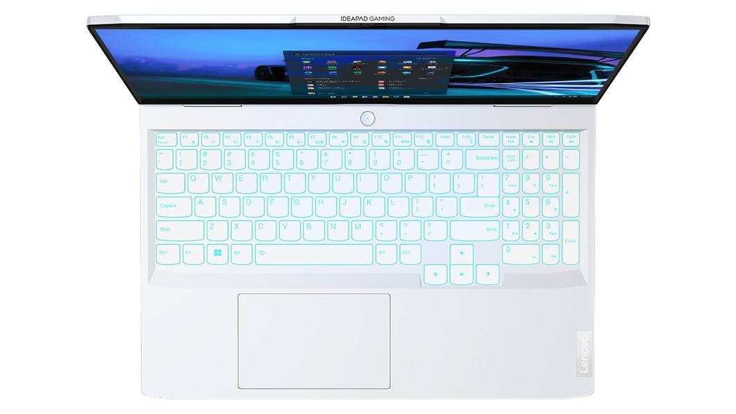 Vista dall'alto di IdeaPad Gaming 3i di settima generazione, tastiera con retroilluminazione attiva, nel colore Glacier White