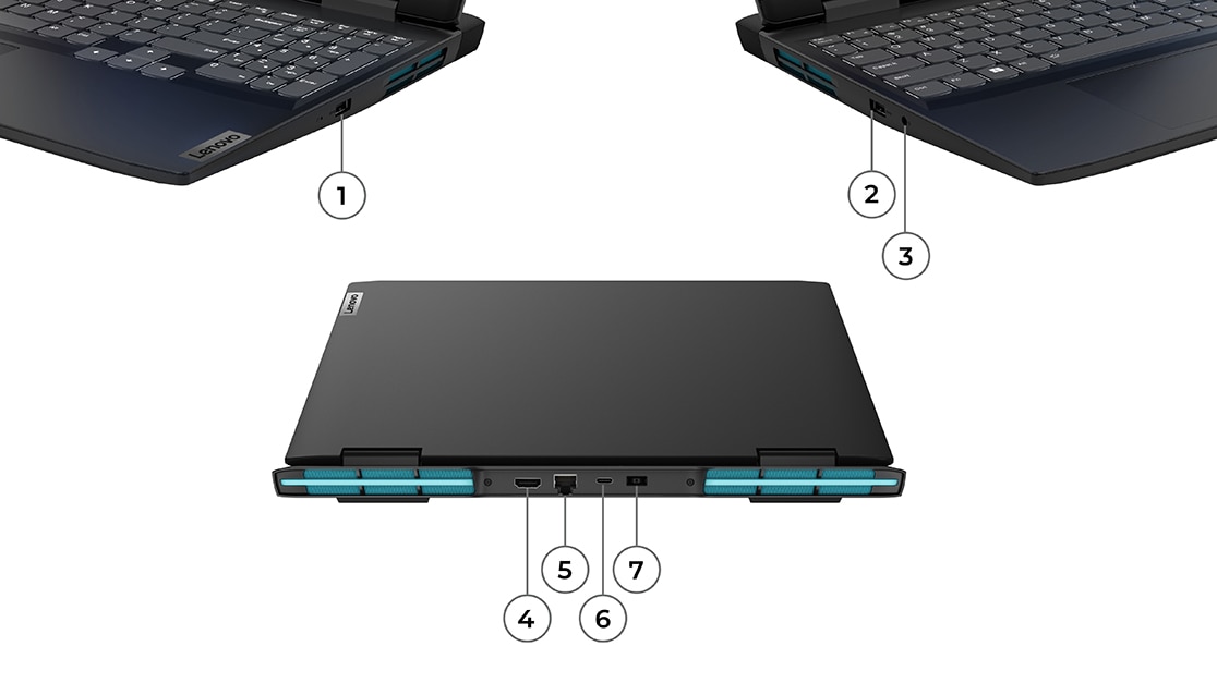 IdeaPad Gaming 3i 7. Nesil dizüstü bilgisayarın bağlantı noktalarını ve ışıklarını gösteren sağdan, soldan ve arkadan görünümü