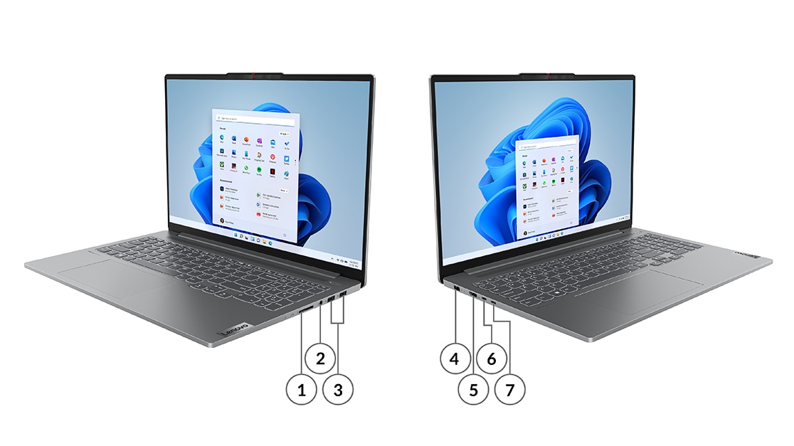 Pregled leve i desne strane IdeaPad Pro 5 Gen 8 laptopa sa označenim portovima