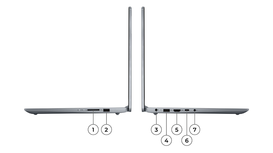 Vistas del perfil de dos portátiles Lenovo IdeaPad Slim 3i de 8.ª generación mirando en direcciones opuestas, mostrando los puertos y ranuras de ambos laterales.