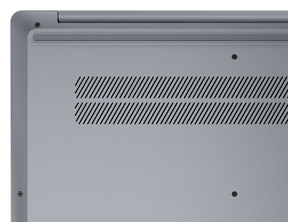 Undersiden av den bærbare PC-en Lenovo IdeaPad Slim 3i Gen 8 i Arctic Grey med ventiler. 