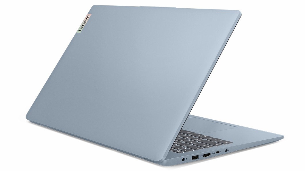 Rear side of Lenovo IdeaPad Slim 3i Gen 8 laptop in Frost Blue open about 70 degrees.
