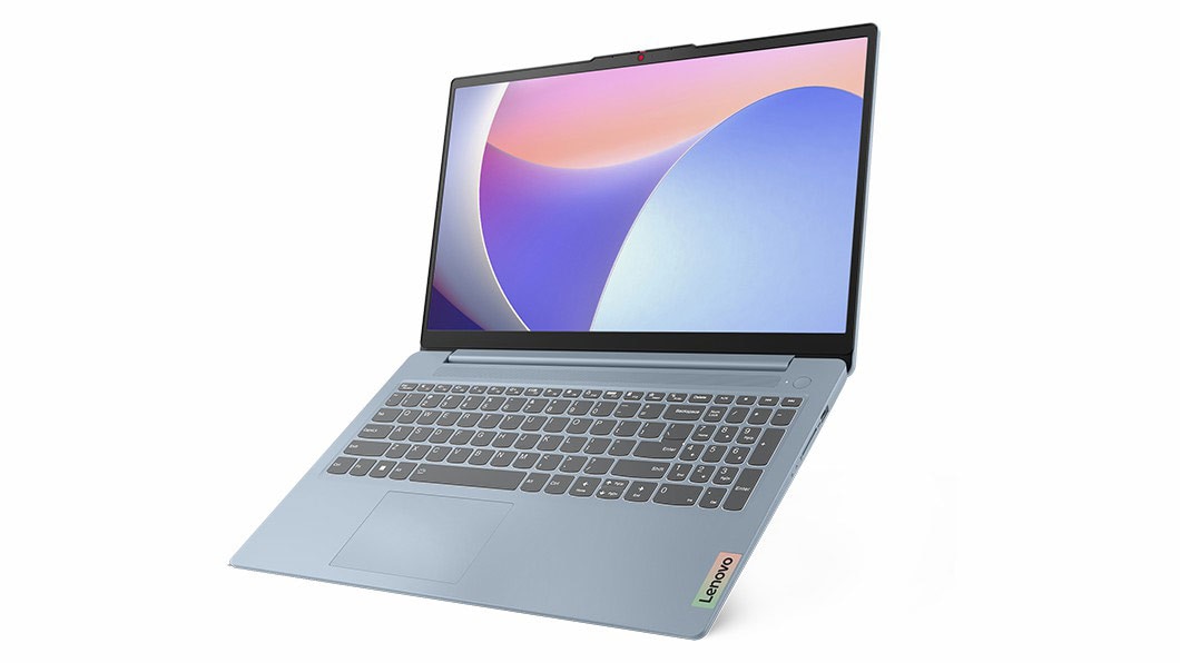 Lenovo IdeaPad Slim 3i Gen 8 laptop in Frost Blue, open almost 180 degrees, showing 15 inch display & keyboard.
