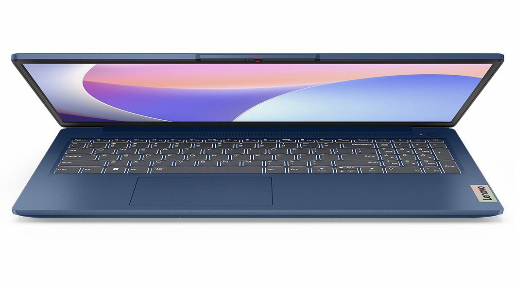 Front-facing Lenovo IdeaPad Slim 31 Gen 8 laptop in Abyss Blue, open about45 degrees.