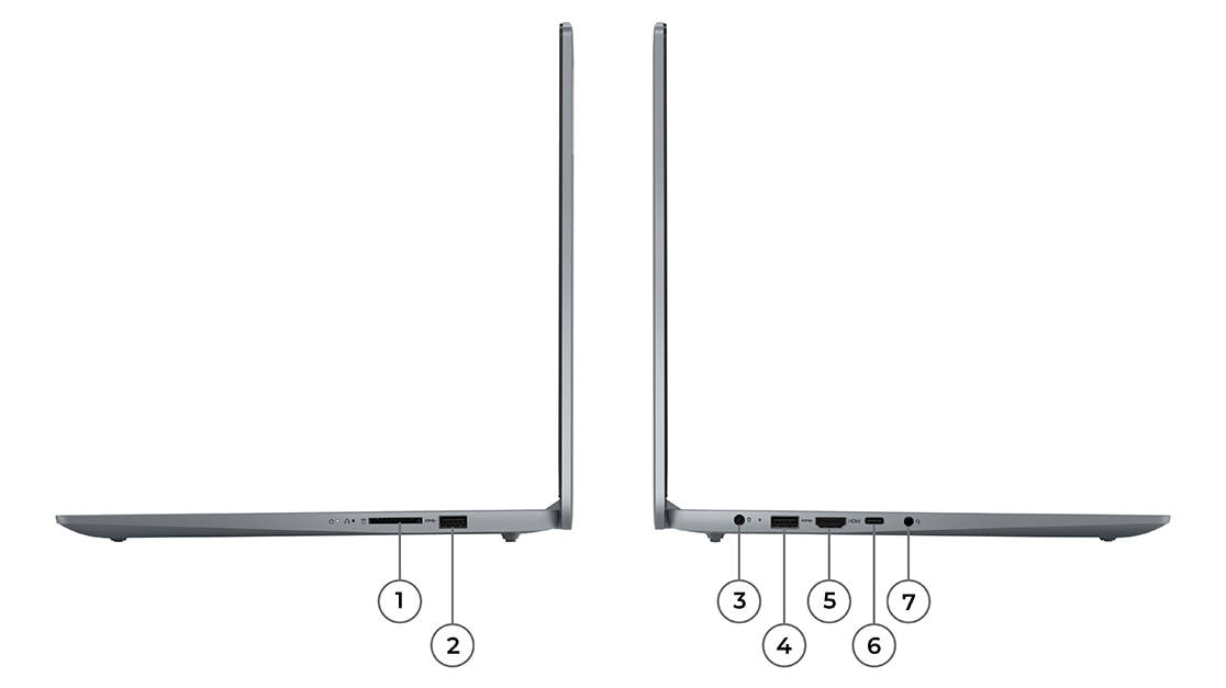 To profilbilder av den bærbare PC-en Lenovo IdeaPad Slim 3i Gen 8 som viser porter og spor på høyre og venstre side.