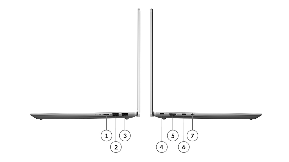 Left & right-side profiles of IdeaPad Slim 5i Gen 8 laptop, opened at 90 degrees, showing edges of keyboard & top cover, & ports