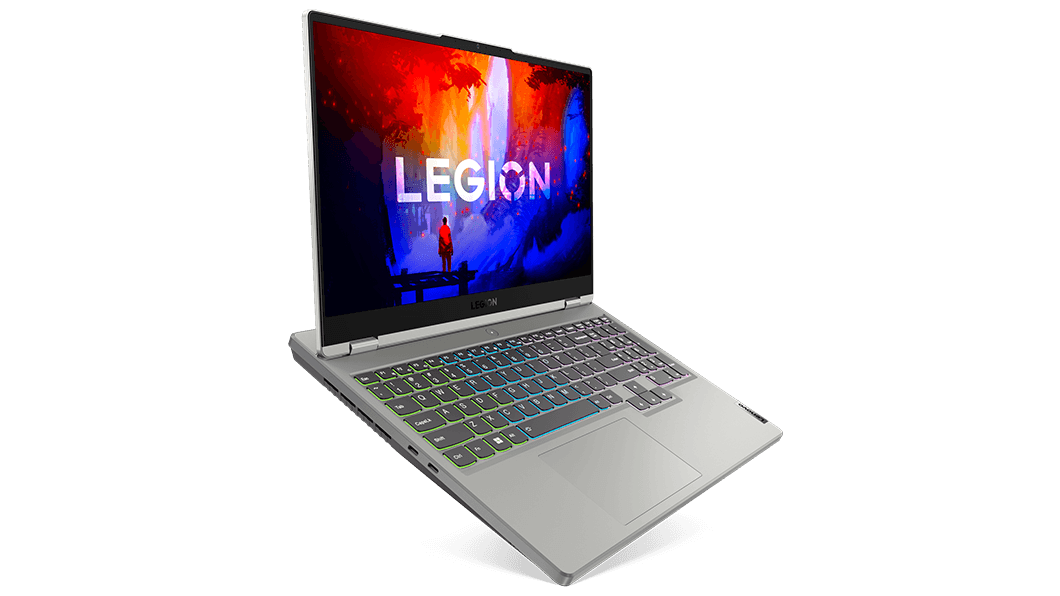 Legion 5 Gen 7 (15″ AMD) front facing right, Windows 11 on screen