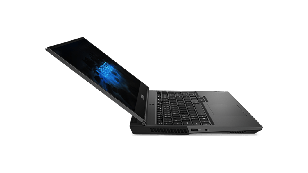 Left side view of the Lenovo Legion 5Pi laptop, open at a obtuse angle