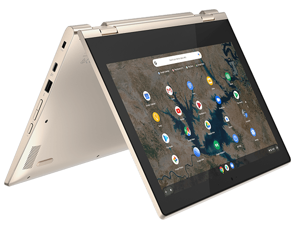 Imagen de la laptop Chromebook Lenovo IdeaPad Flex 3i de 11.6” en modo carpa (modo tent) en color almond (almendra)