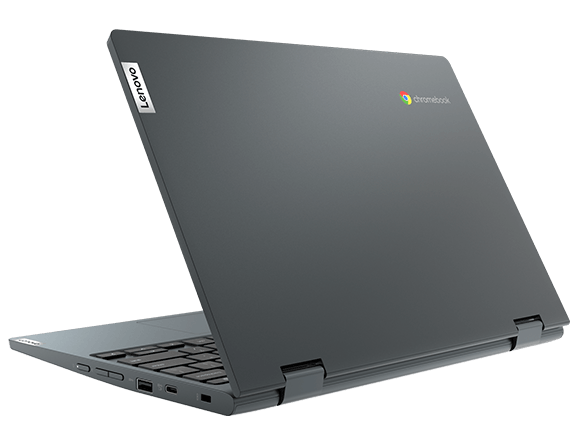 Imagen trasera desde un ángulo de la laptop Lenovo Chromebook IdeaPad Flex 3i 11.6” Intel, en color azul abismo (abyss blue)