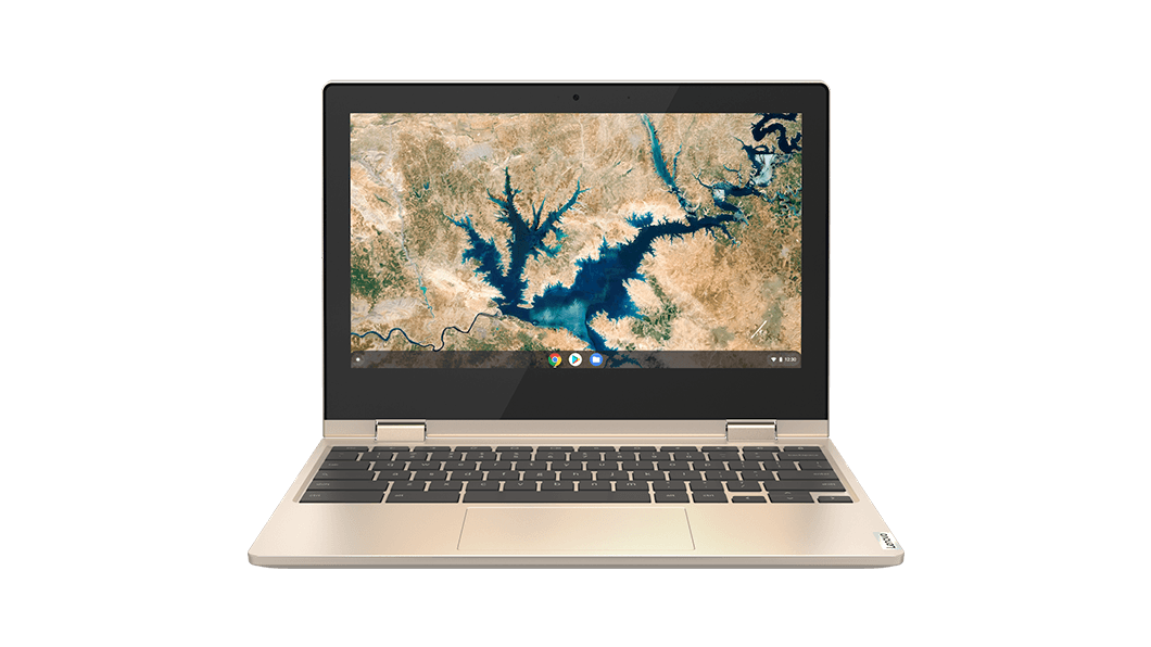Vooraanzicht van de Lenovo IdeaPad Flex 3i Chromebook (11 inch) in laptopstand