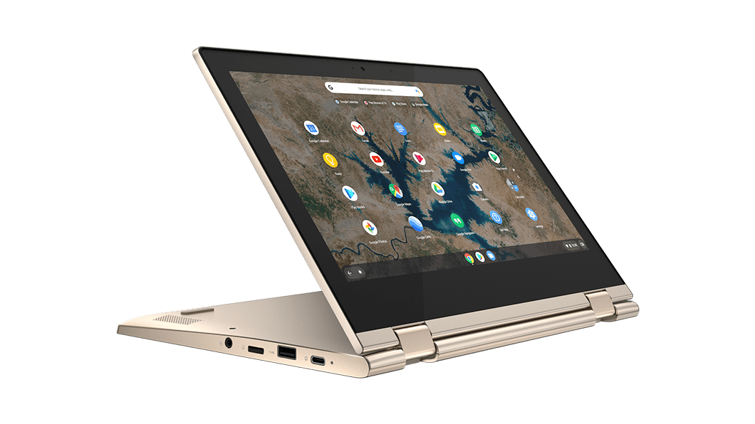 Lenovo IdeaPad Flex 3i Chromebook (11), linke Seitenansicht im Stand-Modus