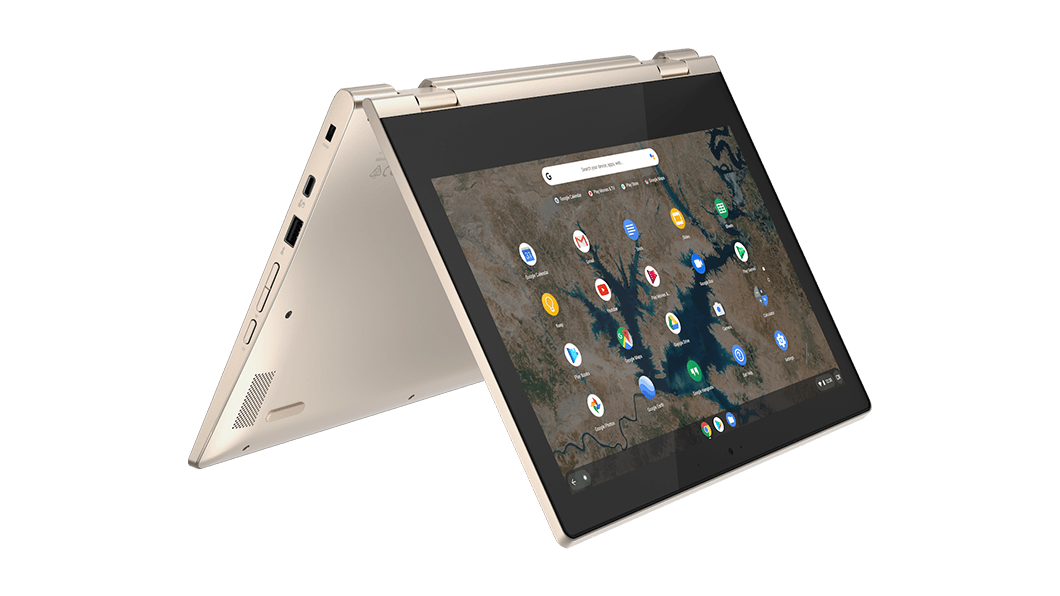 Lenovo IdeaPad Flex 3i Chromebook (11), linke Seitenansicht im Tent-Modus