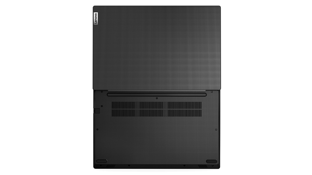 Bovenaanzicht van een 180 graden plat geopende Lenovo V14 Gen 3-laptop (14'' AMD), met de achterzijde van de boven- en achterklep.