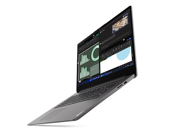 Right-side profile of Lenovo V17 Gen 3 laptop, open 150 degrees, showing display (with charts & graphs), keyboard, & right-side ports
