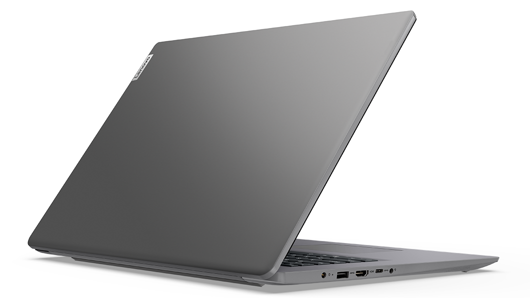 Rear-facing left-side profile of Lenovo V17 Gen 3 laptop, open 45 degrees, showing edges of part of keyboard, top cover, & left-side ports