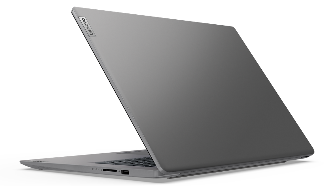 Rear-facing right-side profile of Lenovo V17 Gen 3 laptop, open 45 degrees, showing edges of part of keyboard, top cover, & right-side ports