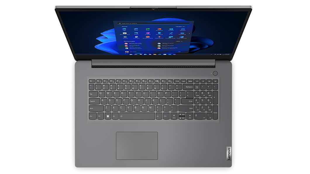 Aerial view of Lenovo V17 Gen 3 laptop, open 180 degrees, showing keyboard & display (with Windows 11 start-up menu)